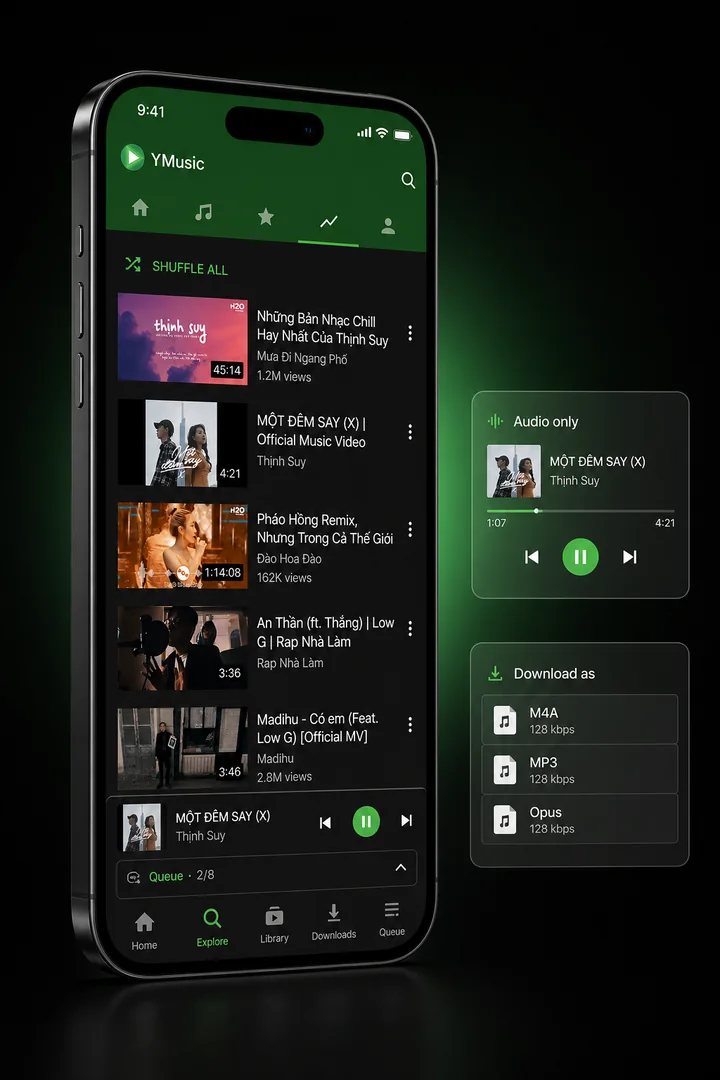 YMusic interface mockup showing audio-only playback, queue, search results, downloads and local library