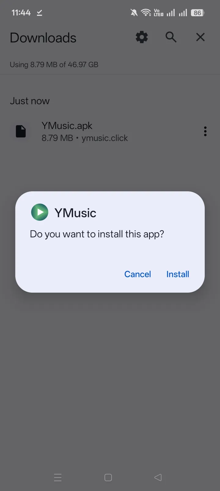 Android package installer asking to install the YMusic APK