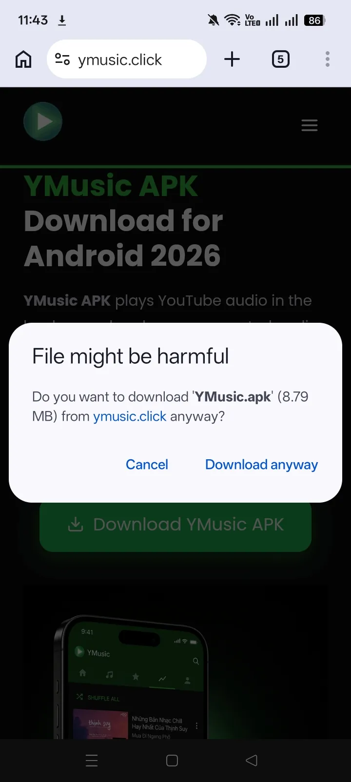 Android browser warning before downloading the YMusic APK from ymusic.click