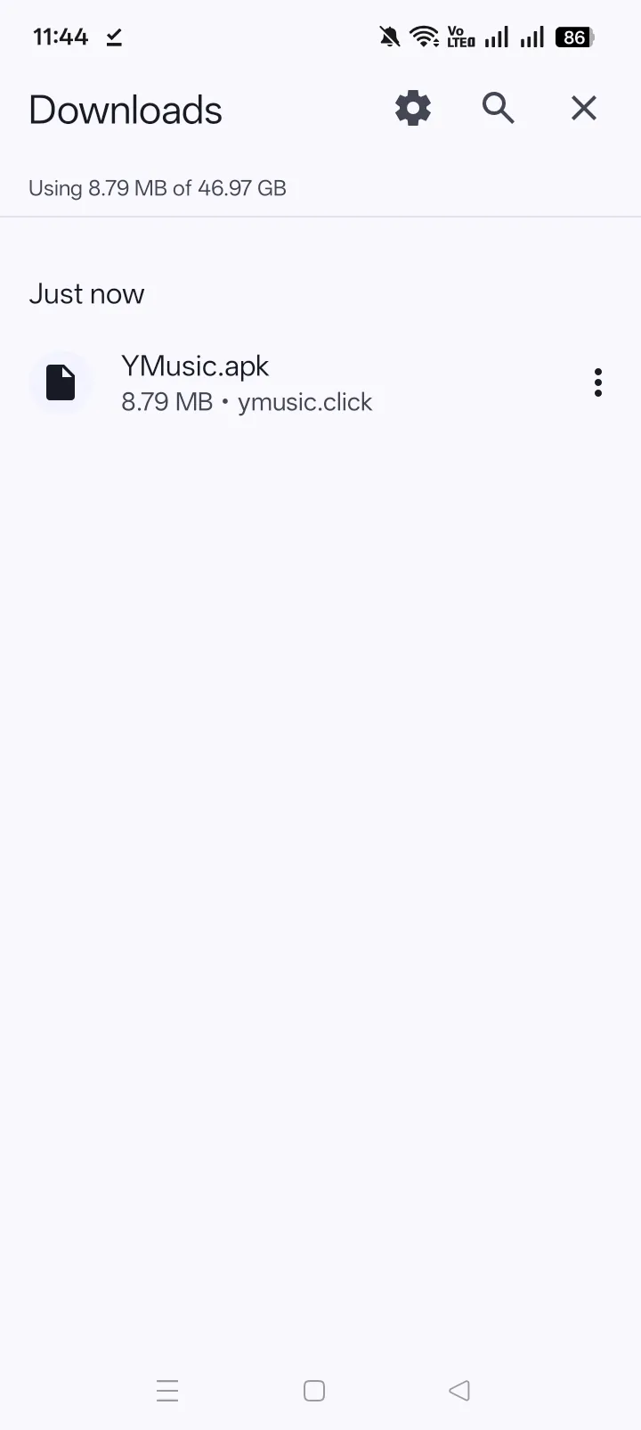 YMusic APK file in the Android Downloads folder