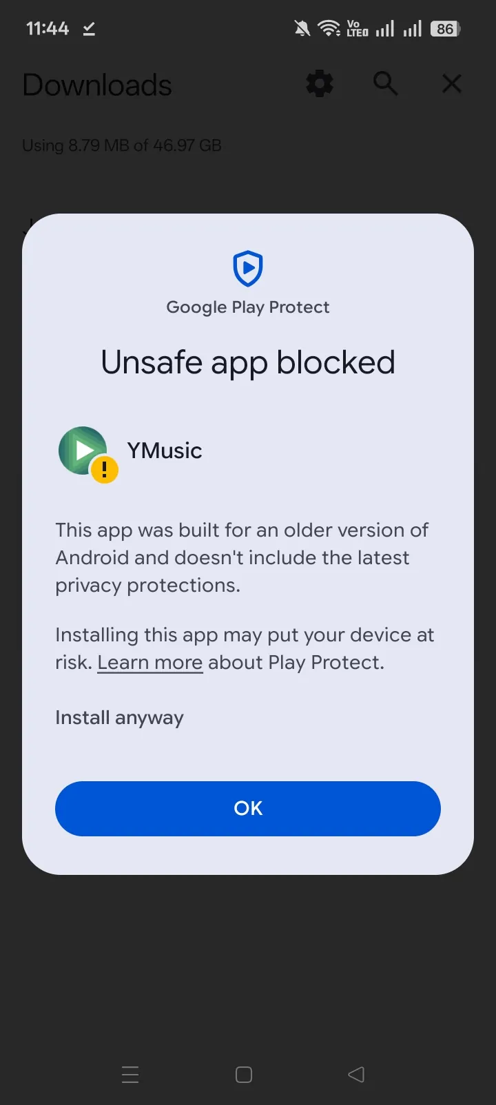 Google Play Protect warning that YMusic was built for an older Android version