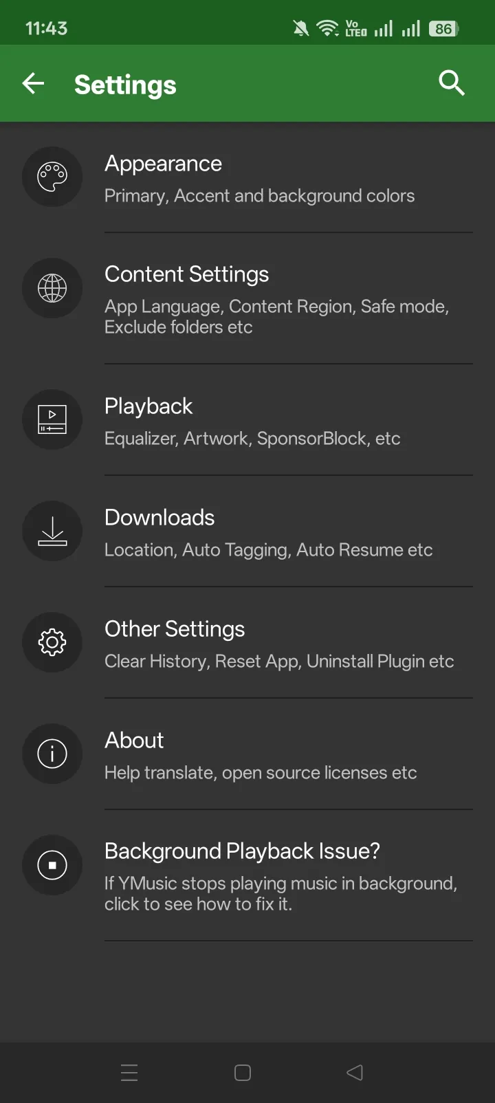 YMusic settings for playback, downloads, appearance and content