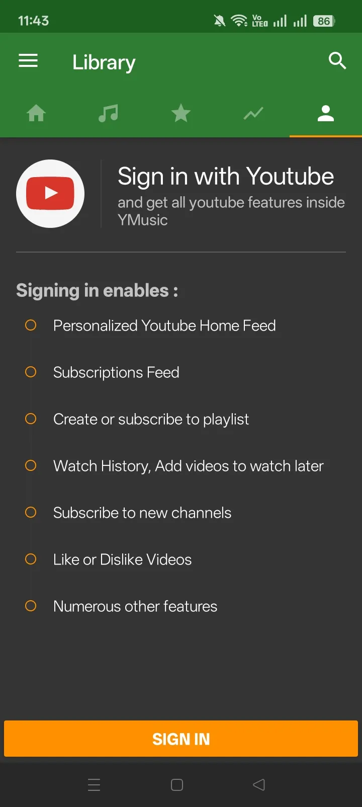 YMusic Library screen listing features enabled by YouTube sign-in